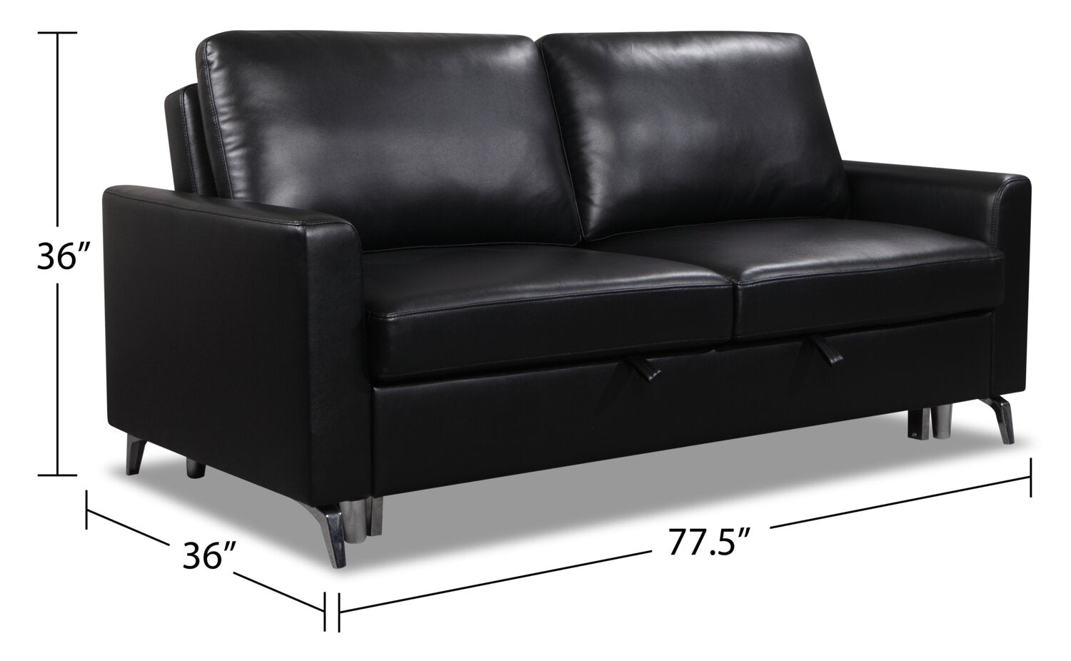 Wilson 77.5" Leather-Look Fabric Sleeper Sofa with Drop-Down Back Cushions and Metal Legs - Black | Sofa-lit Wilson de 77,5 po en tissu d’apparence cuir avec coussins de dossier rabattables et pattes en métal - noir