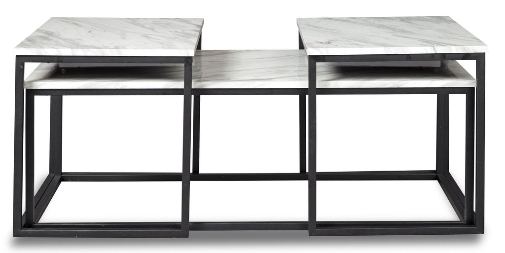 Donnesta 46" Modern 3-Pack Coffee + 2 End Tables - Marble Look with Black Metal Frame|Ensemble 3 tables modernes Donnesta de 46 po (table à café et 2 tables de bout) - imitation de marbre avec armature en métal noir