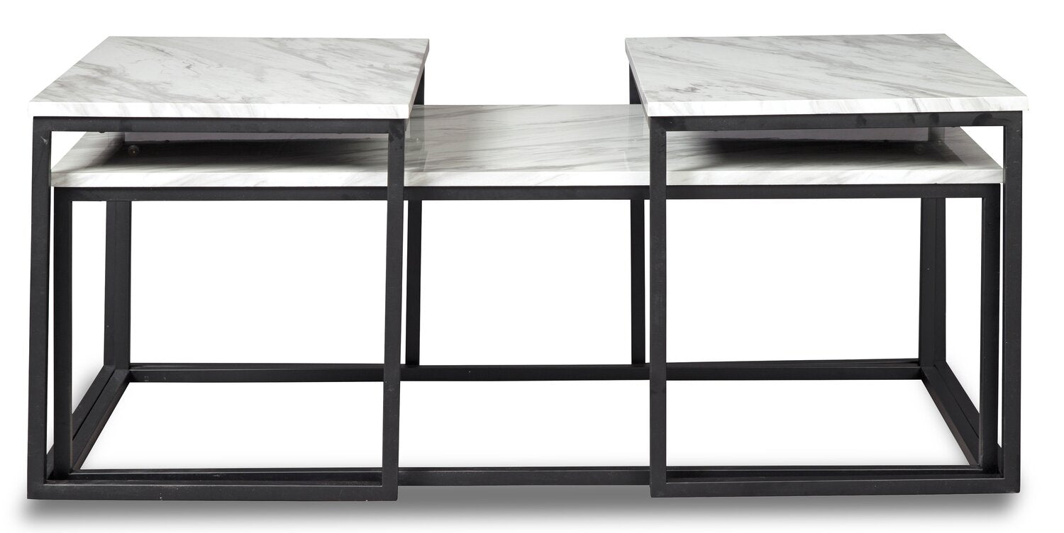 Donnesta 46" Modern 3-Pack Coffee + 2 End Tables - Marble Look with Black Metal Frame|Ensemble 3 tables modernes Donnesta de 46 po (table à café et 2 tables de bout) - imitation de marbre avec armature en métal noir
