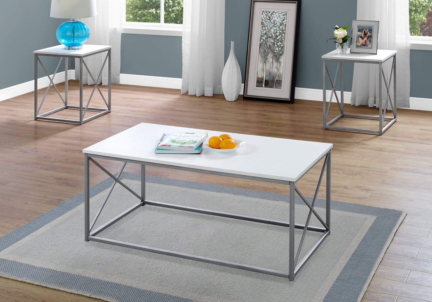 Kasey 42.25" Modern 3-Pack Coffee + 2 End Tables - White with Grey Metal Base|Ensemble 3 tables modernes Kasey de 42,25 po (table à café et 2 tables de bout) - blanc avec base en métal gris