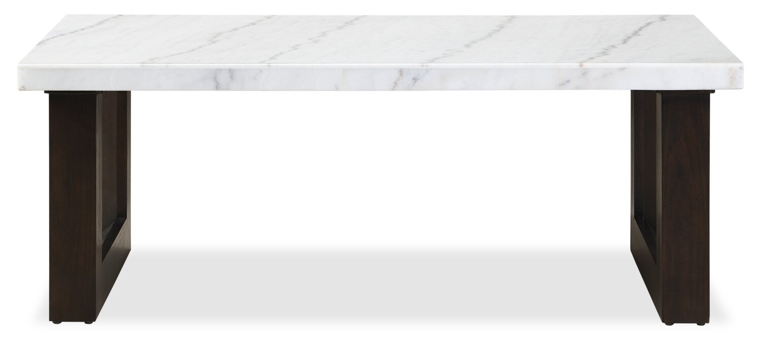 Silvia 48" Modern Coffee Table - White and Grey Marble Look with Brown Wood Legs|Table à café moderne Silvia de 48 po - imitation de marbre blanc et gris avec pattes en bois brun