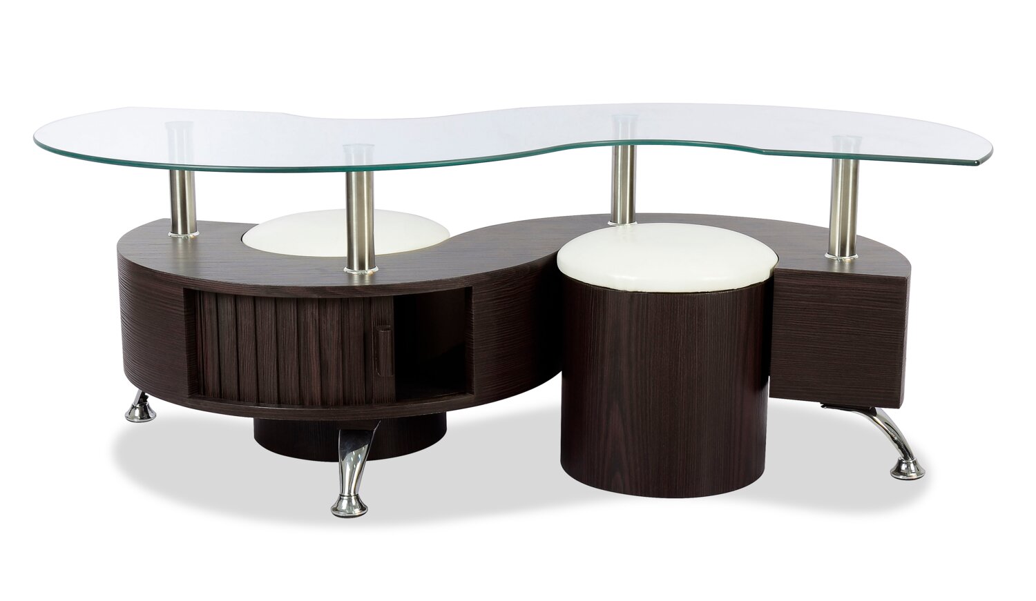 Savon  52.5" Modern S-shaped 3-Pack Coffee + 2 Ottomans with Storage and Shelf - Dark Walnut Wood and Chrome |Ensemble 3 articles modernes en forme de S Savon de 52,5 po (table à café et 2 poufs) avec rangement et tablette - bois noyer foncé et chrome