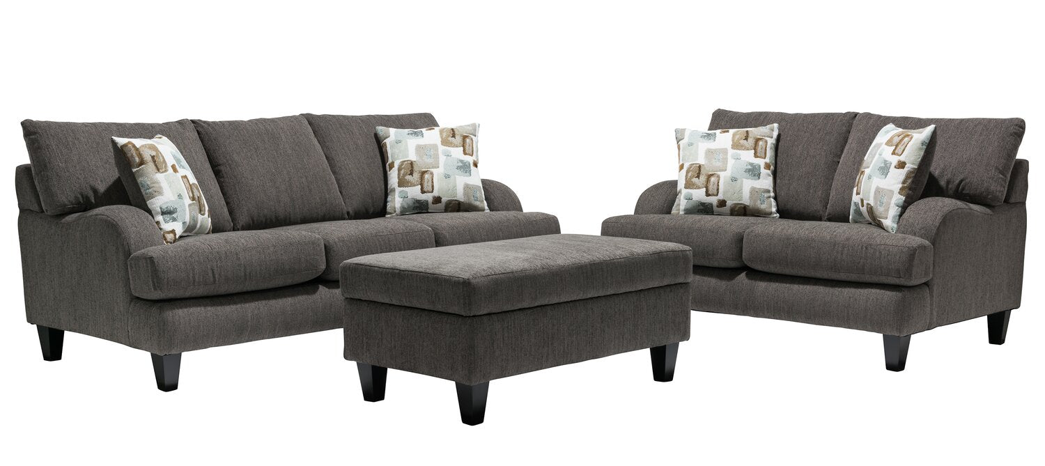 Made in Canada Nofia 80" Chenille Fabric Sofa with Two Accent Pillows and Wood Legs - Charcoal Grey | Sofa Nofia de 80 po fabriqué au Canada en tissu de chenille avec 2 coussins décoratifs et pattes en bois - gris anthracite