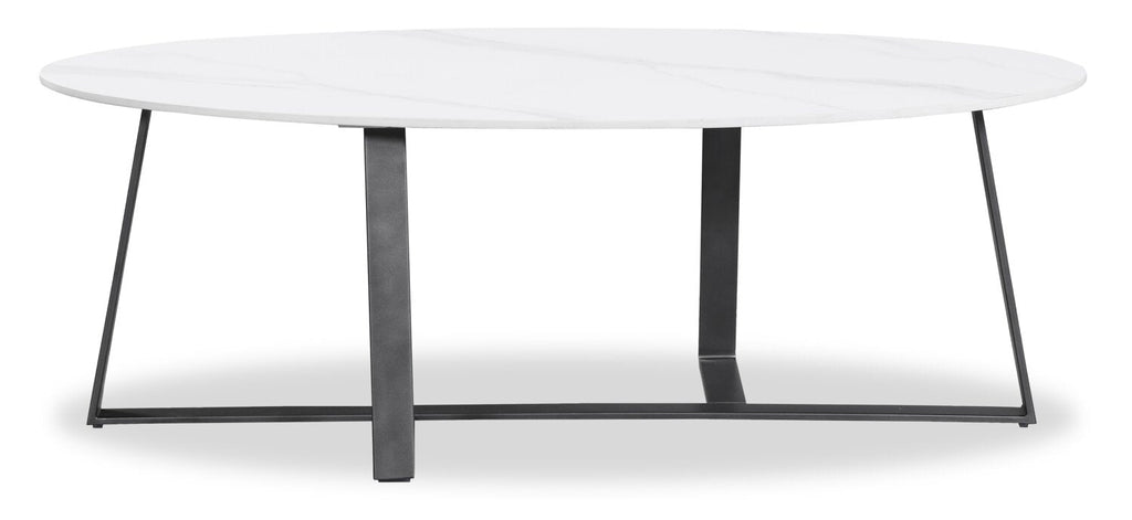 Kort & Co. Nico 51" Modern Oval Coffee Table - White Sinetered Stone with Dark Grey Metal Legs|Table à café ovale moderne Nico de Kort & Co. de 51 po - pierre frittée blanche avec pattes en métal gris foncé