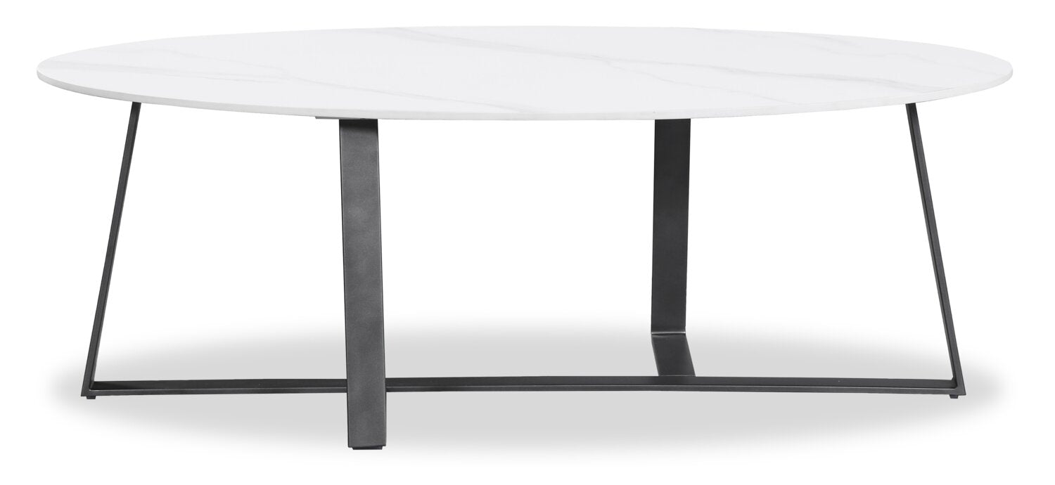 Kort & Co. Nico 51" Modern Oval Coffee Table - White Sinetered Stone with Dark Grey Metal Legs|Table à café ovale moderne Nico de Kort & Co. de 51 po - pierre frittée blanche avec pattes en métal gris foncé
