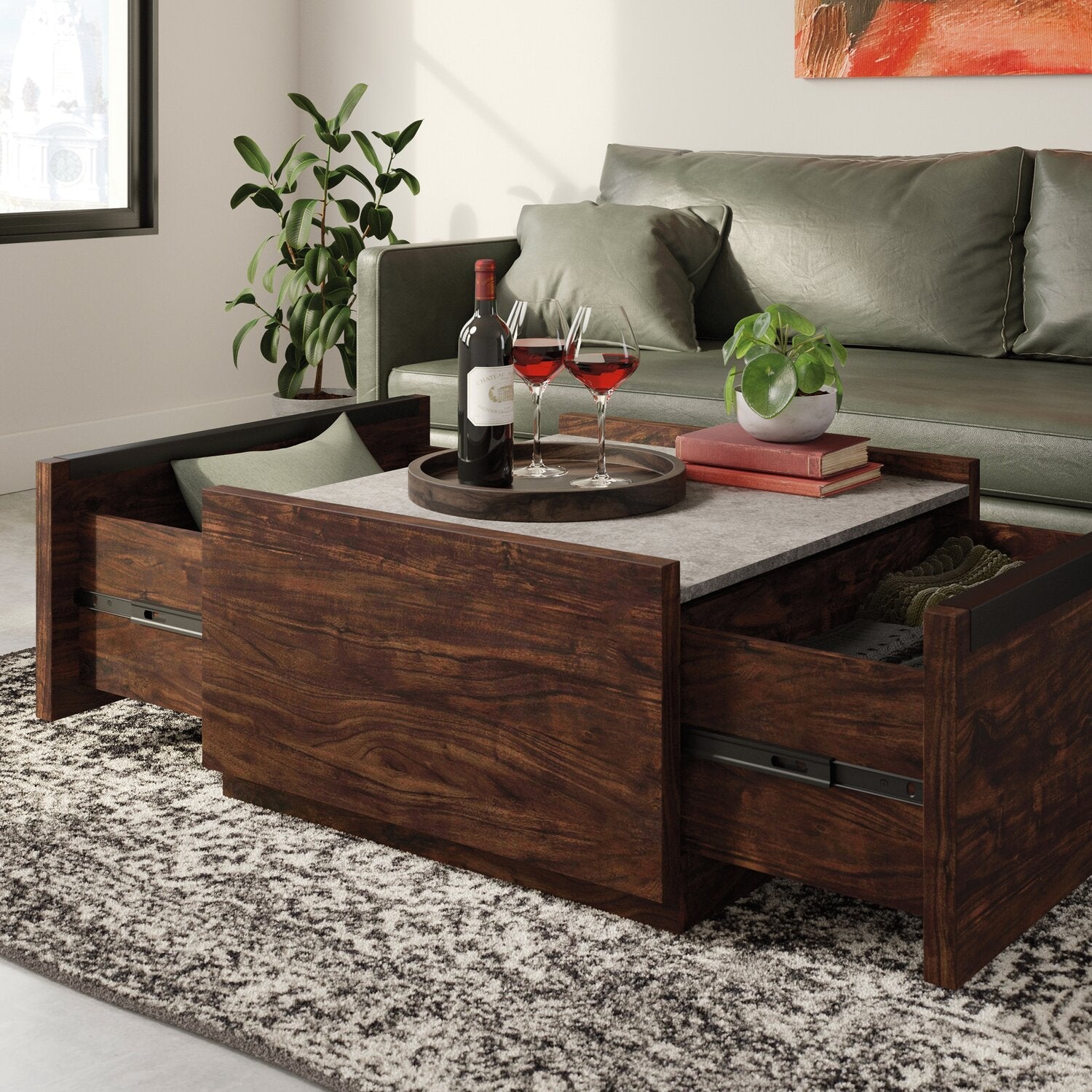 Benson 31” Modern Coffee Table with Storage - Dark Brown and Grey | Table à café moderne Benson de 31 po avec rangement - brun foncé et grise
