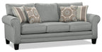 Made in Canada Tula 88" Fabric Sofa with Rolled Arms and Accent Pillows - Mist Grey  | Sofa Tula de 88 po fabriqué au Canada en tissu avec accoudoirs enroulés et coussins décoratifs - gris brume