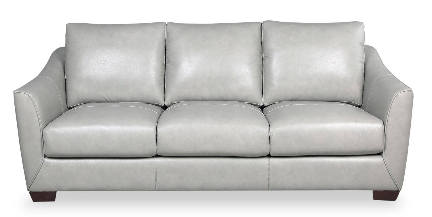 Cindy Crawford Home Royce 84" Genuine Leather Sofa with Removable Cushions and Wood Legs - Dove Grey | Sofa Royce de Cindy Crawford Home de 84 po en cuir véritable avec coussins amovibles et pattes en bois - gris tourterelle