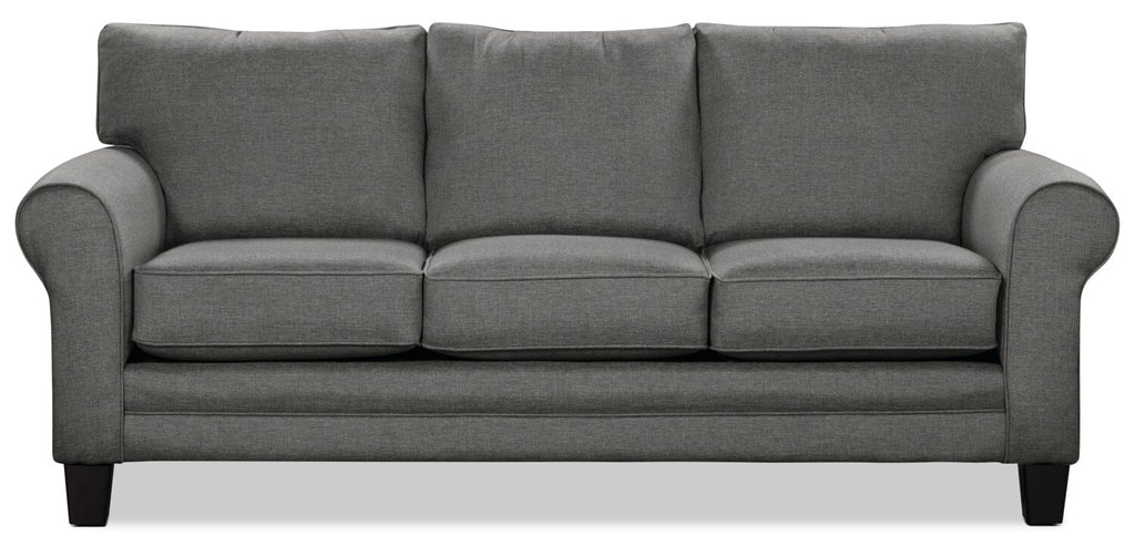 Made in Canada Tula 88" Fabric Sofa with Rolled Arms and Accent Pillows - Steel Grey | Sofa Tula de 88 po fabriqué au Canada en tissu avec accoudoirs enroulés et coussins décoratifs - gris acier