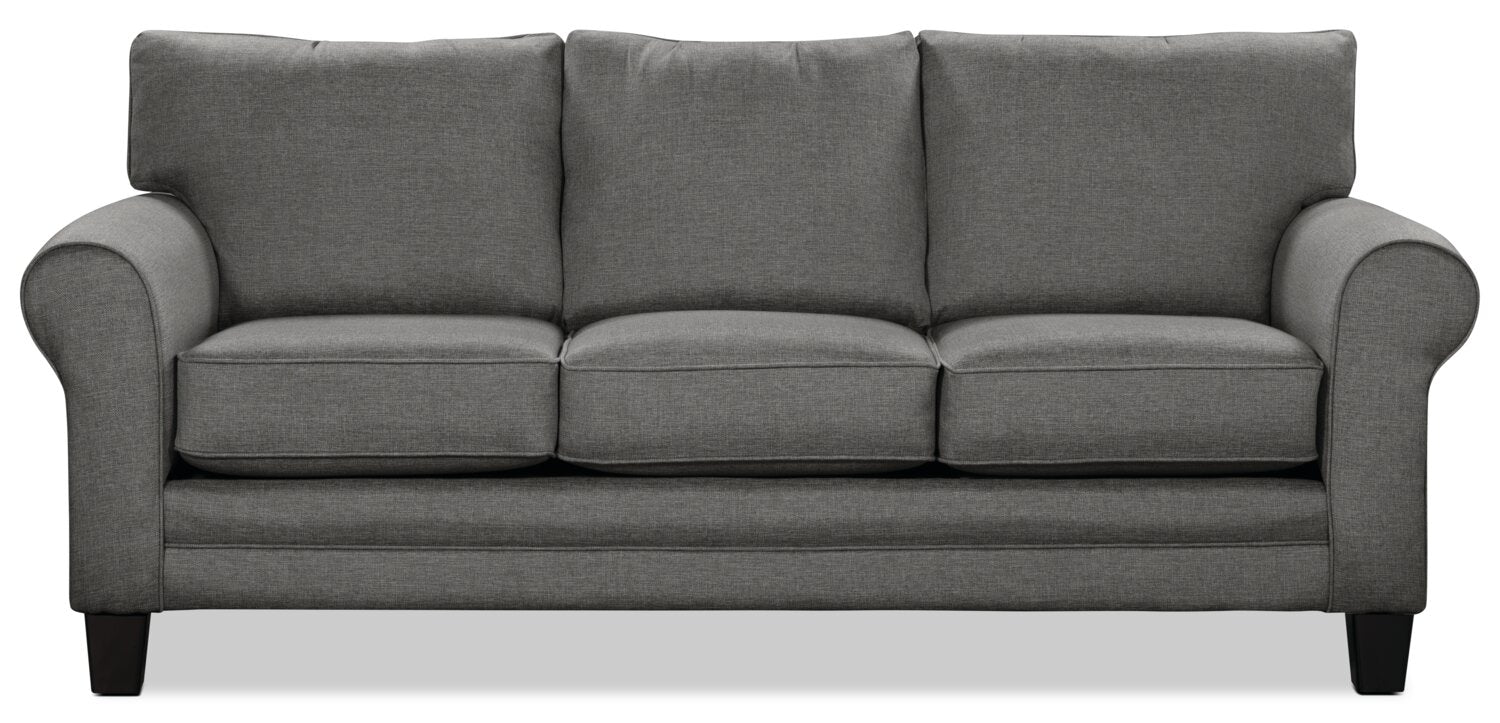 Made in Canada Tula 88" Fabric Sofa with Rolled Arms and Accent Pillows - Steel Grey | Sofa Tula de 88 po fabriqué au Canada en tissu avec accoudoirs enroulés et coussins décoratifs - gris acier