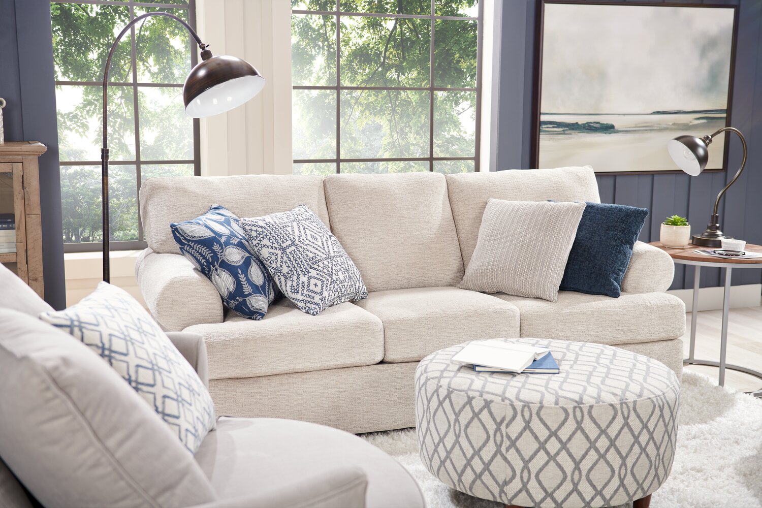 Made in Canada Customizable Sofa Lab Roll 86" Chenille Fabric Sofa with Rolled Arms - Luxury Sand Beige | Sofa Roll de Sofa Lab de 86 po fabriqué au Canada en tissu de chenille avec accoudoirs enroulés - beige Luxury Sand | RO103093
