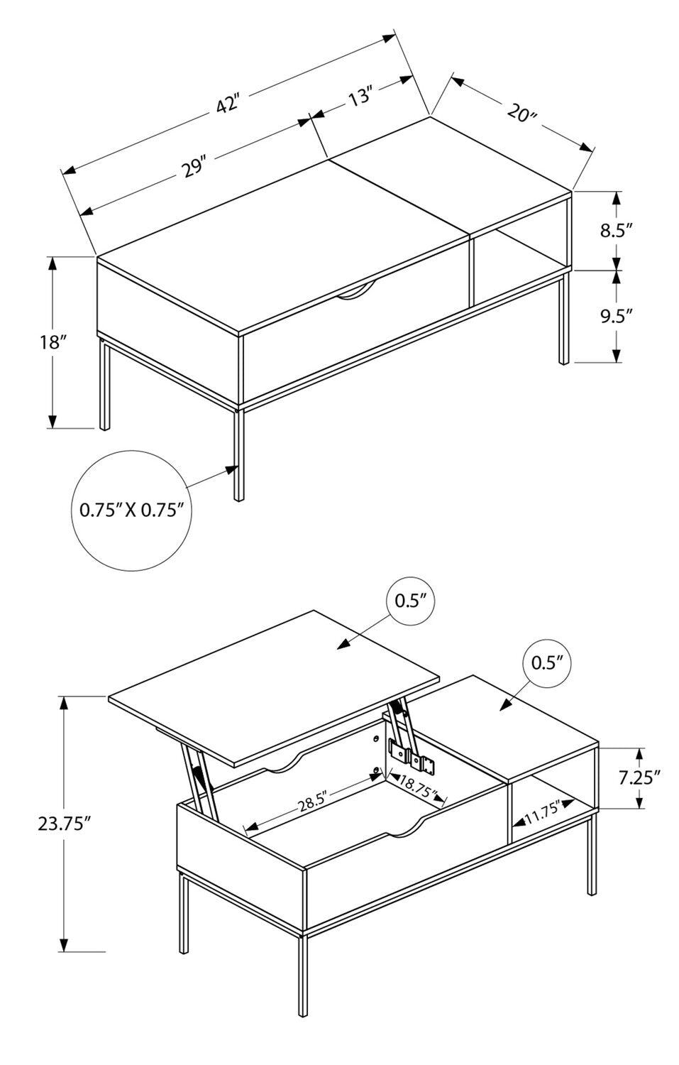 Bence 42" Modern Lift Top Coffee Table with Storage - Taupe with Black Metal Legs|Table à café moderne Bence de 42 po avec dessus relevable et rangement - taupe avec pattes en métal noir