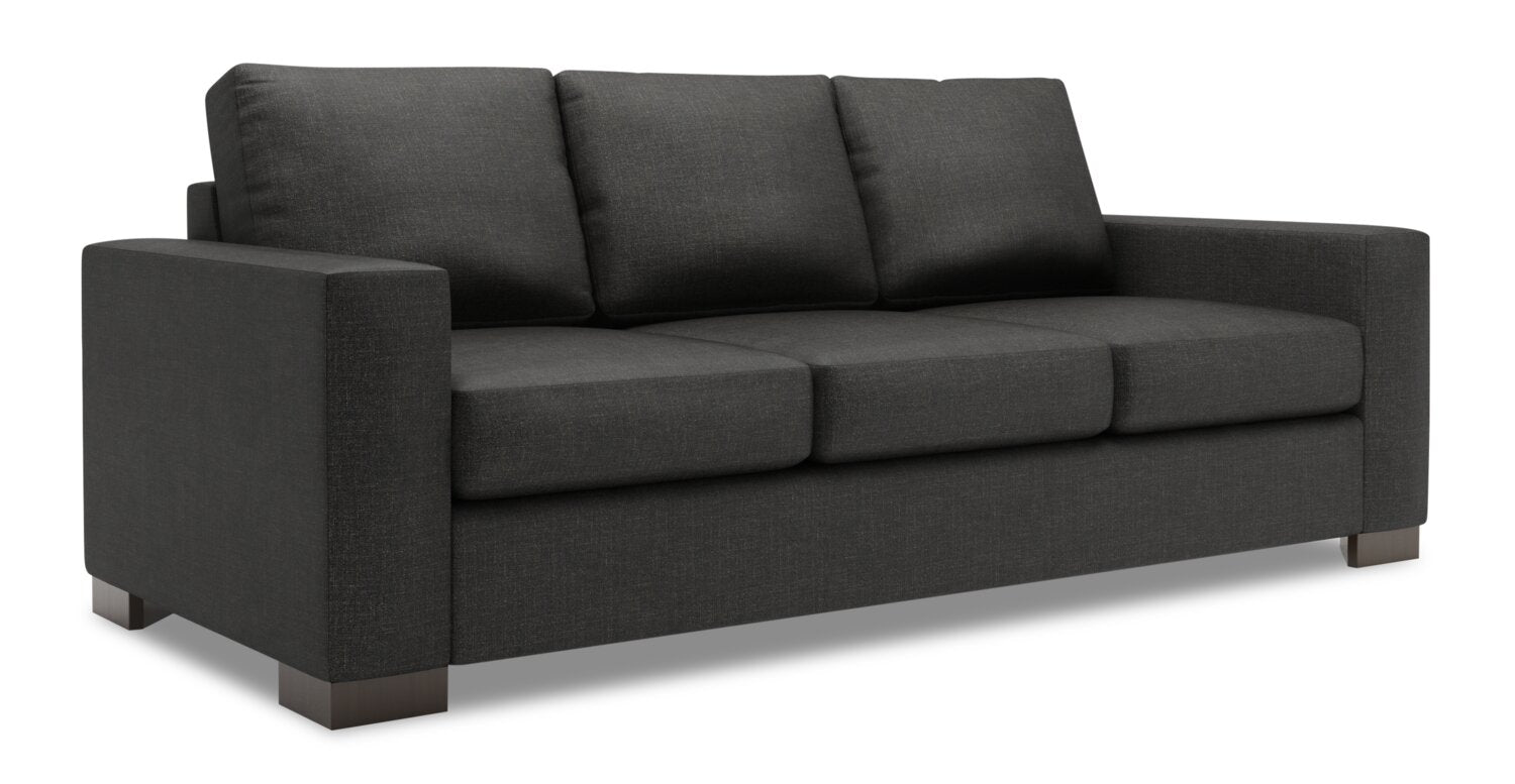 Made in Canada Customizable Sofa Lab Track 85" Linen-Look Fabric Sofa with Track Arms - Luna Kohl Grey | Sofa Track de Sofa Lab de 85 po fabriqué au Canada en tissu d’apparence lin avec accoudoirs rectilignes - gris Luna Kohl | TR102691