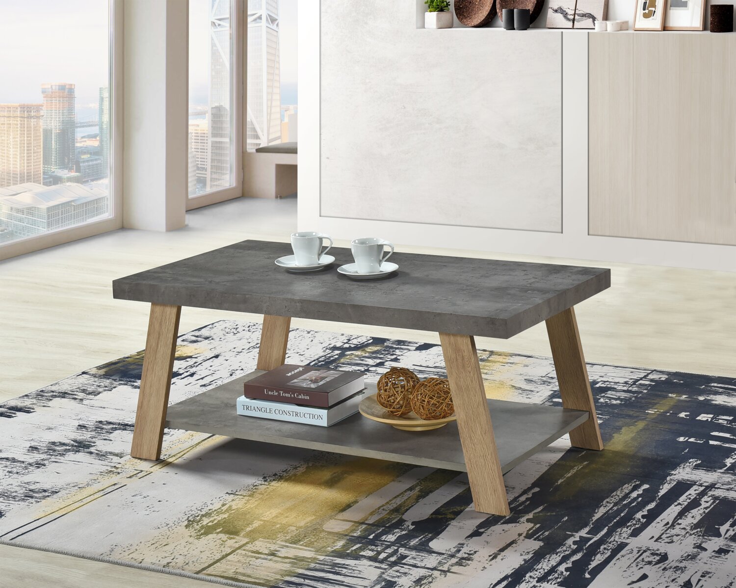 Kelly 43.3" Modern Coffee Table with Shelf - Grey Stone Top with Light Wood Legs|Table à café moderne Kelly de 43,3 po avec tablette - dessus en pierre grise avec pattes en bois clair