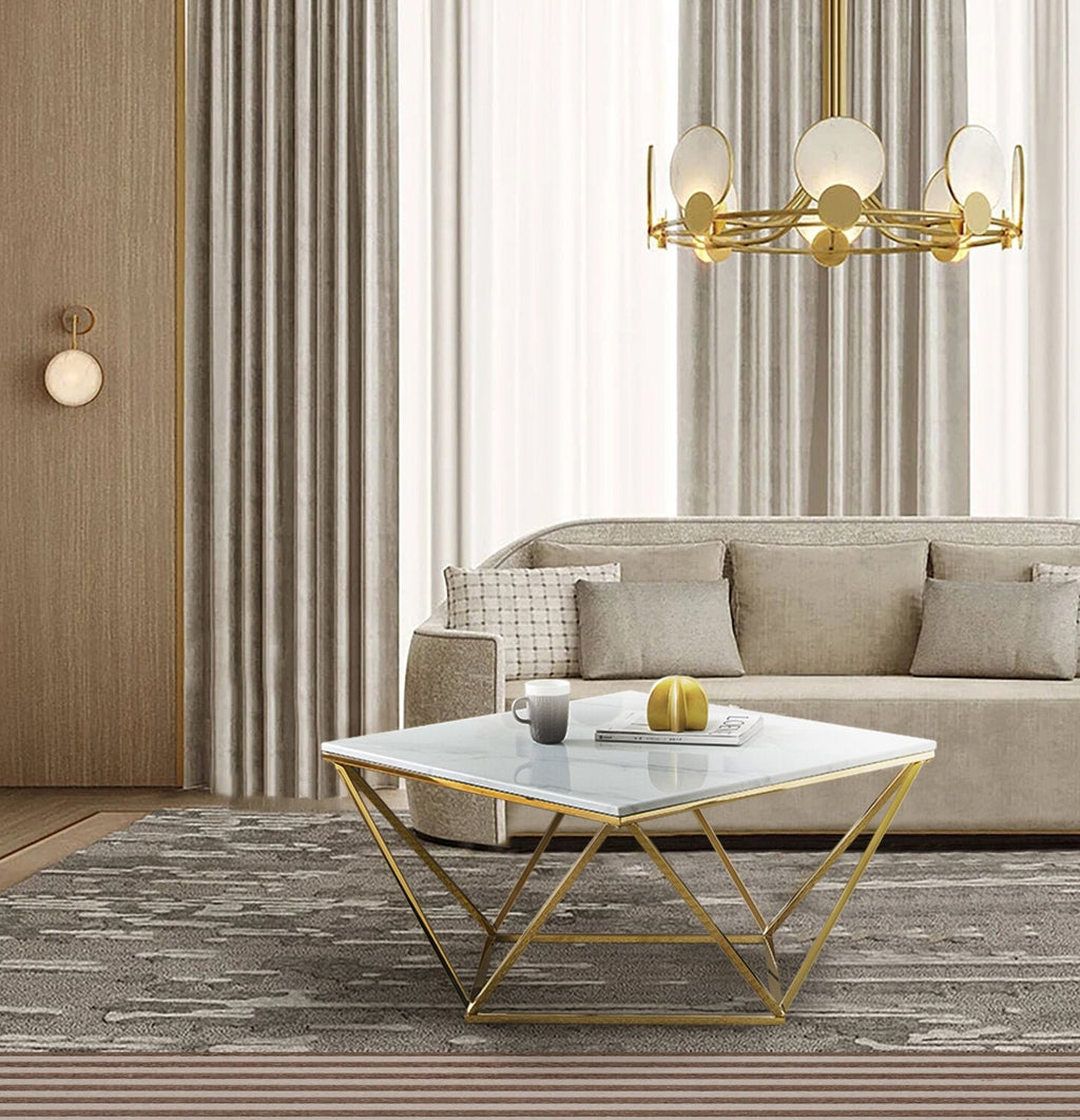 Amanda 31.5" Modern Square Coffee Table - White Marble Top with Gold Metal Base | Table à café carrée moderne Amanda de 31,5 po - dessus en marbre blanc avec base en métal doré