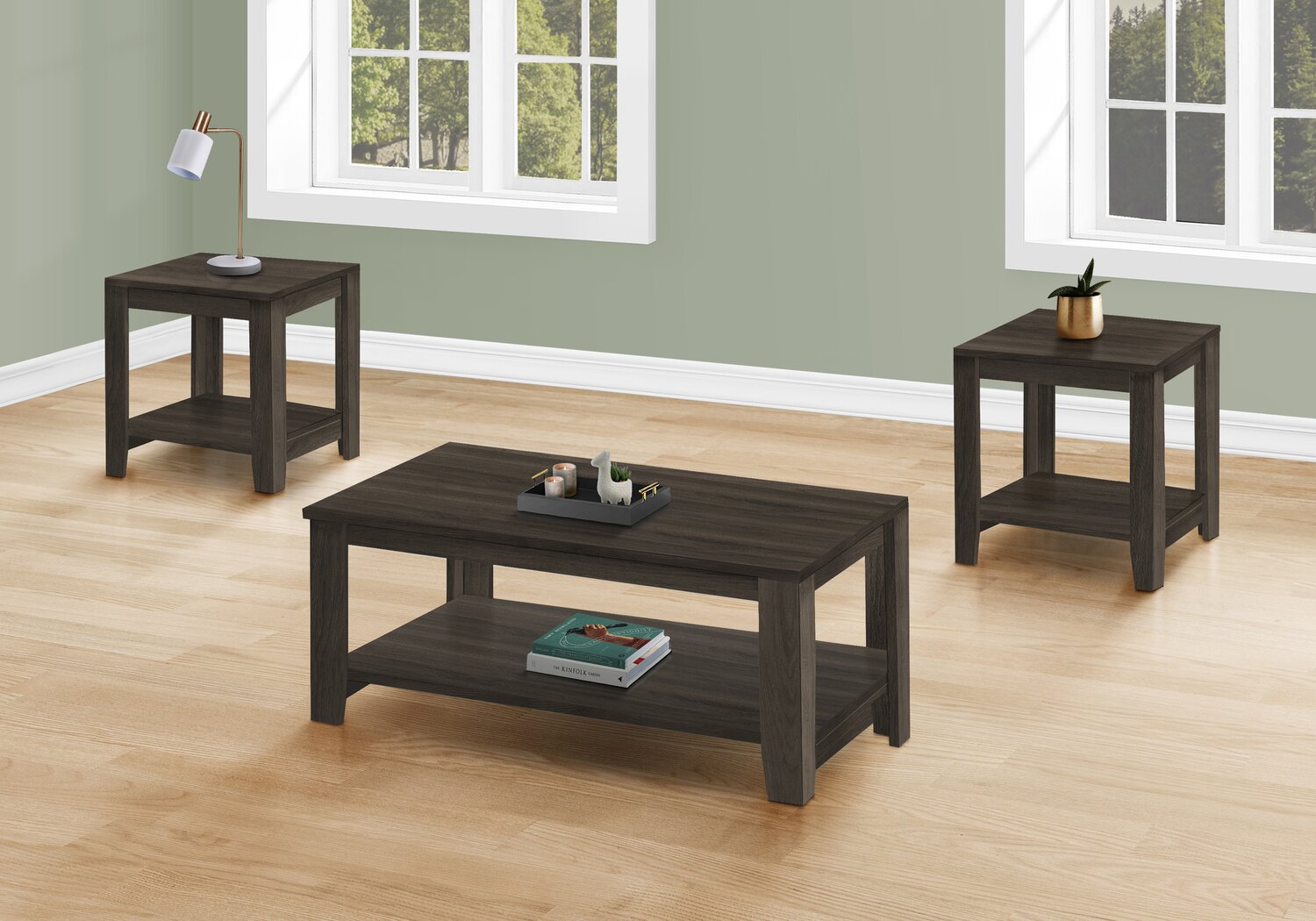 Lincoln 42" Traditional 3-Pack Coffee + 2 End Tables with Shelf - Black Brown |Ensemble 3 tables traditionnelles Lincoln de 42 po (table à café et 2 tables de bout) avec tablette - brun-noir