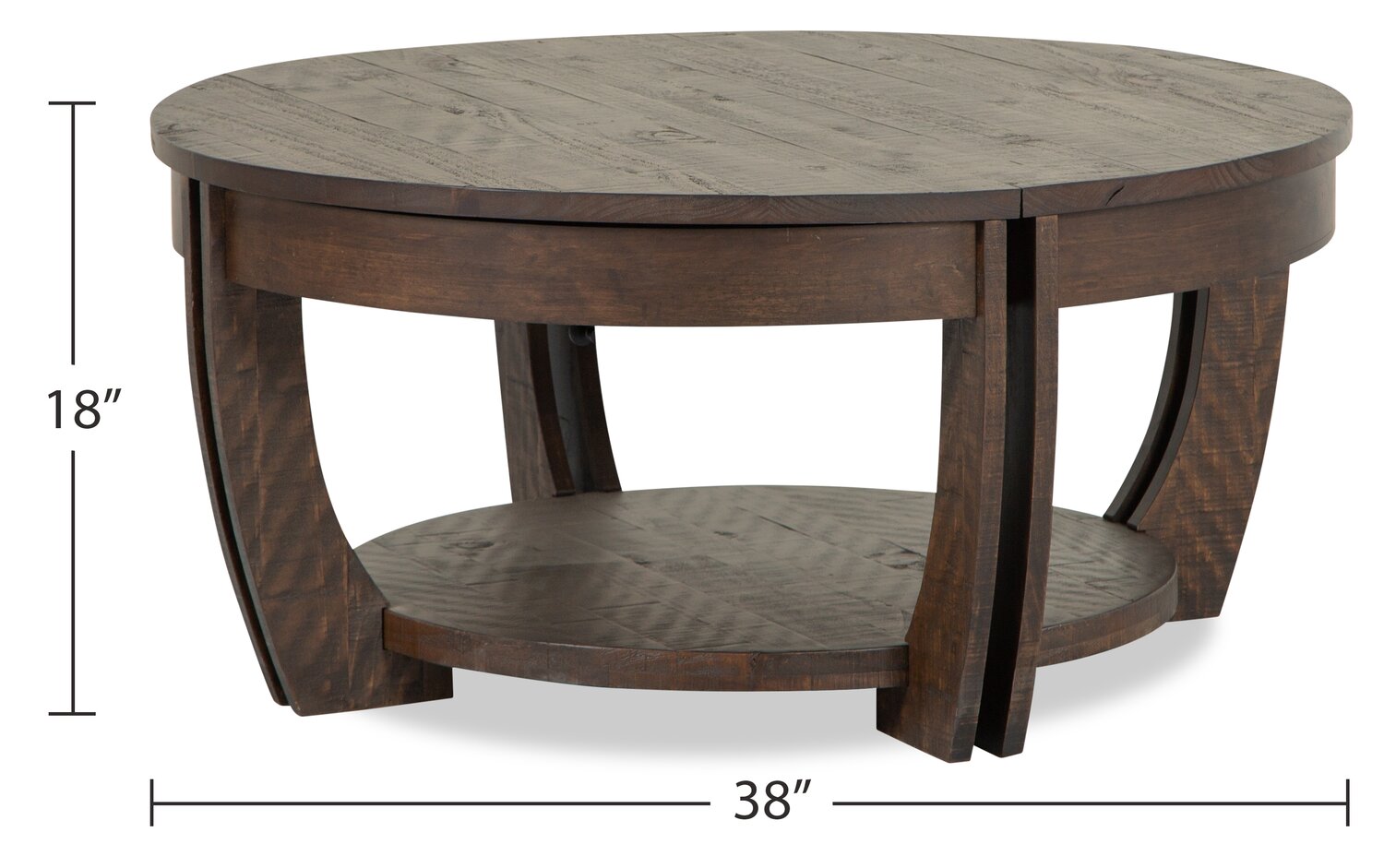 Lyndale 38" Traditional Round Lift Top Coffee Table with Storage and Shelf - Brown Pine|Table à café ronde traditionnelle Lyndale de 38 po avec dessus relevable, rangement et tablette - pin brun