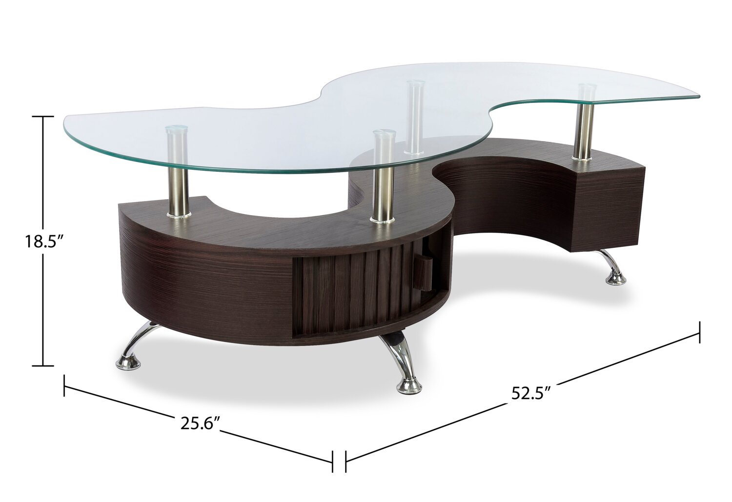Savon  52.5" Modern S-shaped 3-Pack Coffee + 2 Ottomans with Storage and Shelf - Dark Walnut Wood and Chrome |Ensemble 3 articles modernes en forme de S Savon de 52,5 po (table à café et 2 poufs) avec rangement et tablette - bois noyer foncé et chrome