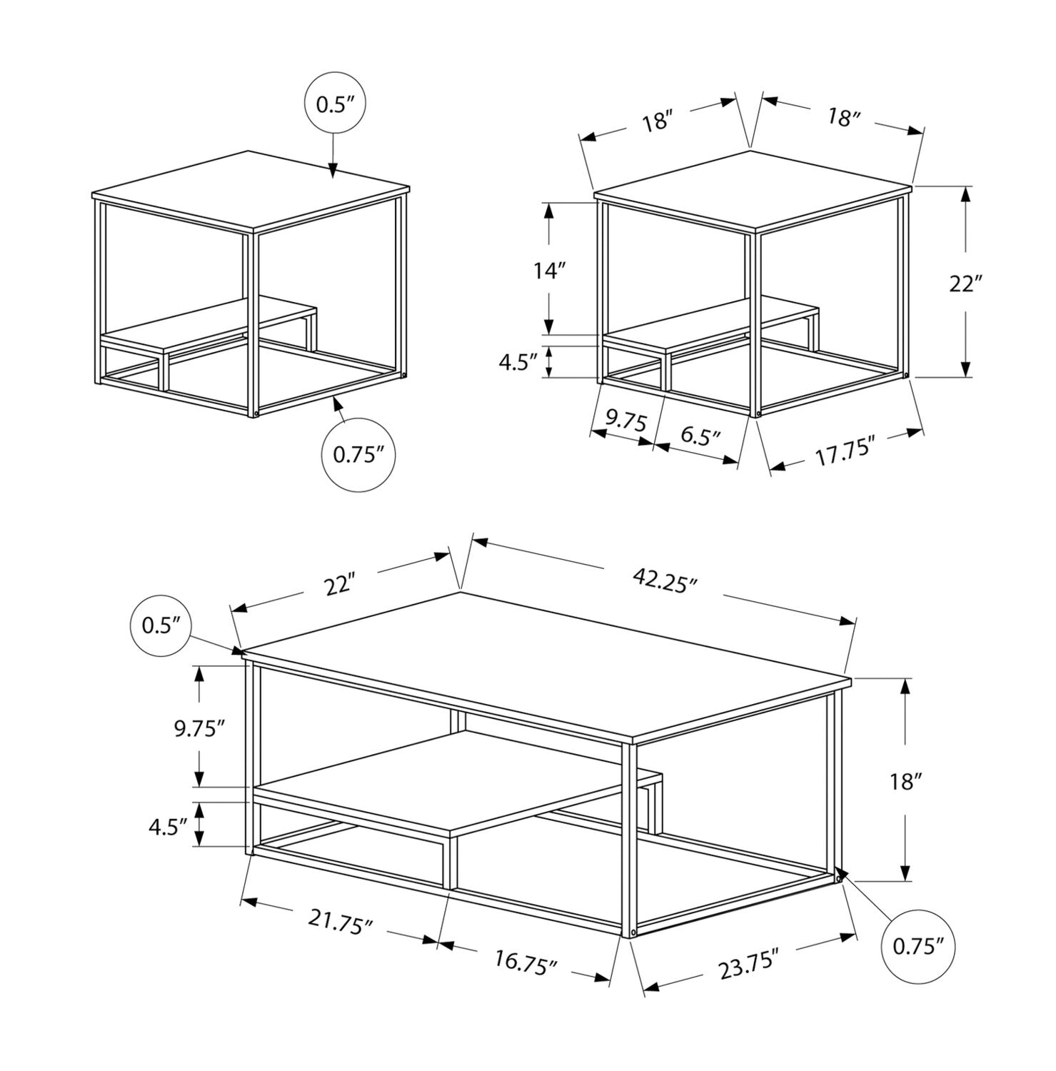 Jules 42.25" Modern 3-Pack Coffee + 2 End Tables with Shelf - White with Grey Metal Frame|Ensemble 3 tables modernes Jules de 42,25 po (table à café et 2 tables de bout) avec tablette - blanc avec armature en métal gris