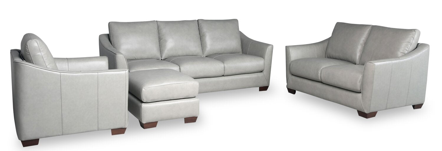 Cindy Crawford Home Royce 84" Genuine Leather Sofa with Removable Cushions and Wood Legs - Dove Grey | Sofa Royce de Cindy Crawford Home de 84 po en cuir véritable avec coussins amovibles et pattes en bois - gris tourterelle