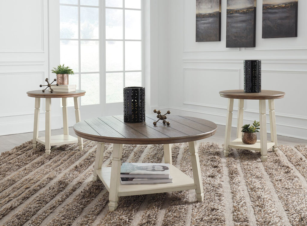 Bolanbrook 40" Rustic Round 3-Pack Coffee + 2 End Tables with Shelf - Two Tone Wood|Ensemble 3 tables rondes rustiques Bolanbrook de 40 po (table à café et 2 tables de bout) avec tablette - bois deux teintes