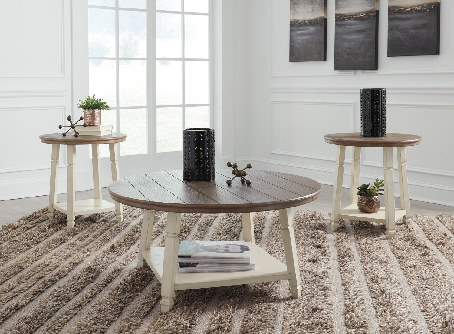 Bolanbrook 40" Rustic Round 3-Pack Coffee + 2 End Tables with Shelf - Two Tone Wood|Ensemble 3 tables rondes rustiques Bolanbrook de 40 po (table à café et 2 tables de bout) avec tablette - bois deux teintes