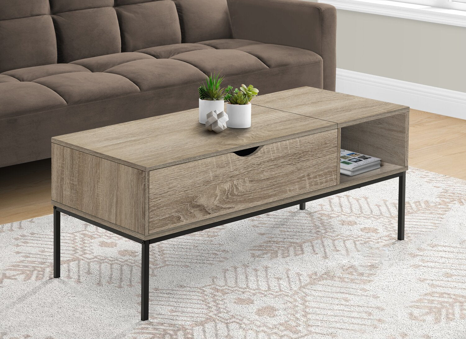 Bence 42" Modern Lift Top Coffee Table with Storage - Taupe with Black Metal Legs|Table à café moderne Bence de 42 po avec dessus relevable et rangement - taupe avec pattes en métal noir
