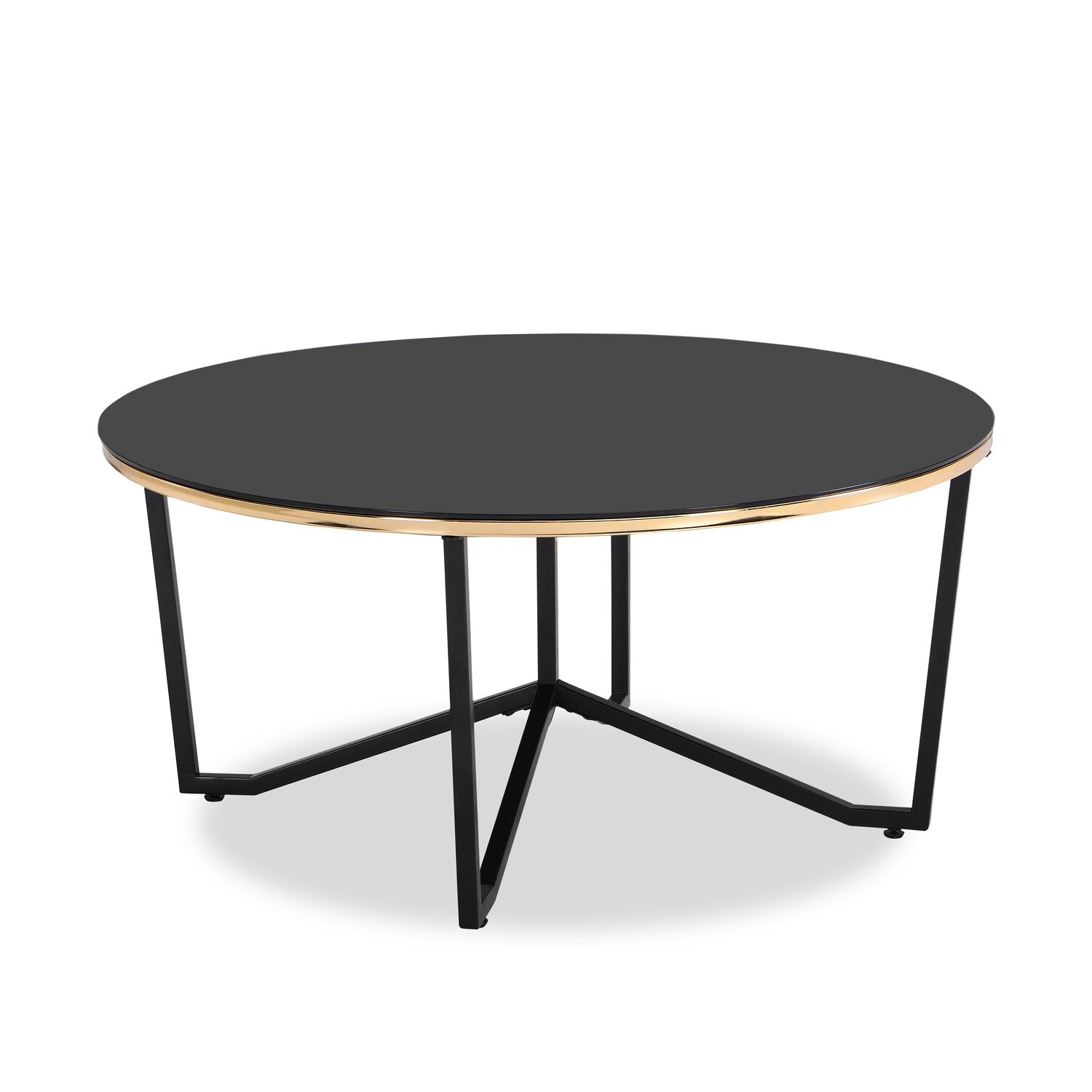 Xander 36" Modern Round Glass Top Coffee Table - Black and Gold with Metal Legs|Table à café ronde moderne Xander de 36 po avec dessus en verre - noire et dorée avec pattes en métal
