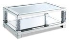 Berni 47.2" Glam Mirror & Glass Top Coffee Table with Shelf - Silver Metal with Diamond Look Legs|Table à café somptueuse Berni de 47,2 po avec dessus en miroir et en verre et tablette - métal argenté avec pattes à apparence de diamant