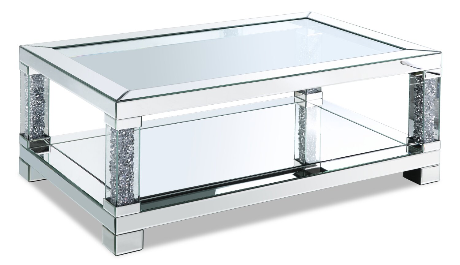 Berni 47.2" Glam Mirror & Glass Top Coffee Table with Shelf - Silver Metal with Diamond Look Legs|Table à café somptueuse Berni de 47,2 po avec dessus en miroir et en verre et tablette - métal argenté avec pattes à apparence de diamant