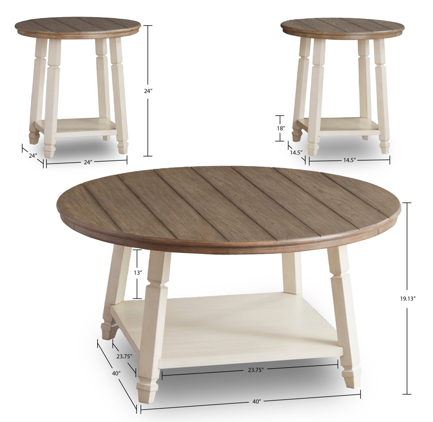 Bolanbrook 40" Rustic Round 3-Pack Coffee + 2 End Tables with Shelf - Two Tone Wood|Ensemble 3 tables rondes rustiques Bolanbrook de 40 po (table à café et 2 tables de bout) avec tablette - bois deux teintes