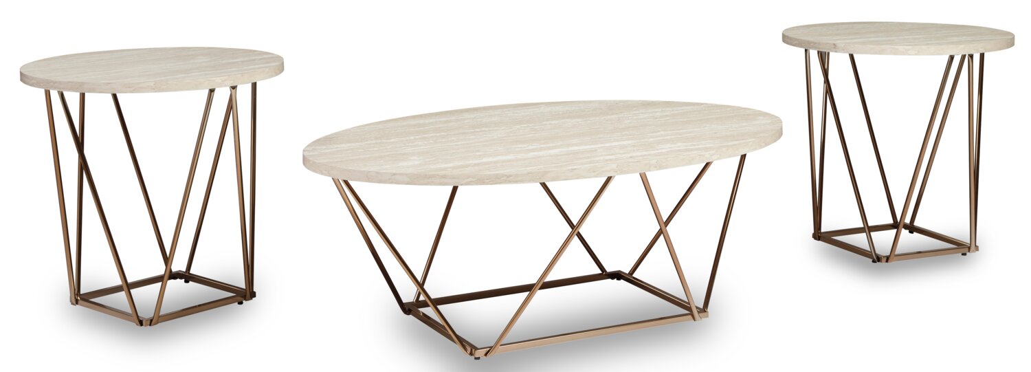 Tarica 47" Modern Oval 3-Pack Coffee + 2 End Tables - Cream and Gold with Metal Legs|Ensemble 3 tables ovales modernes Tarica de 47 po (table à café et 2 tables de bout) - crème et doré avec pattes en métal