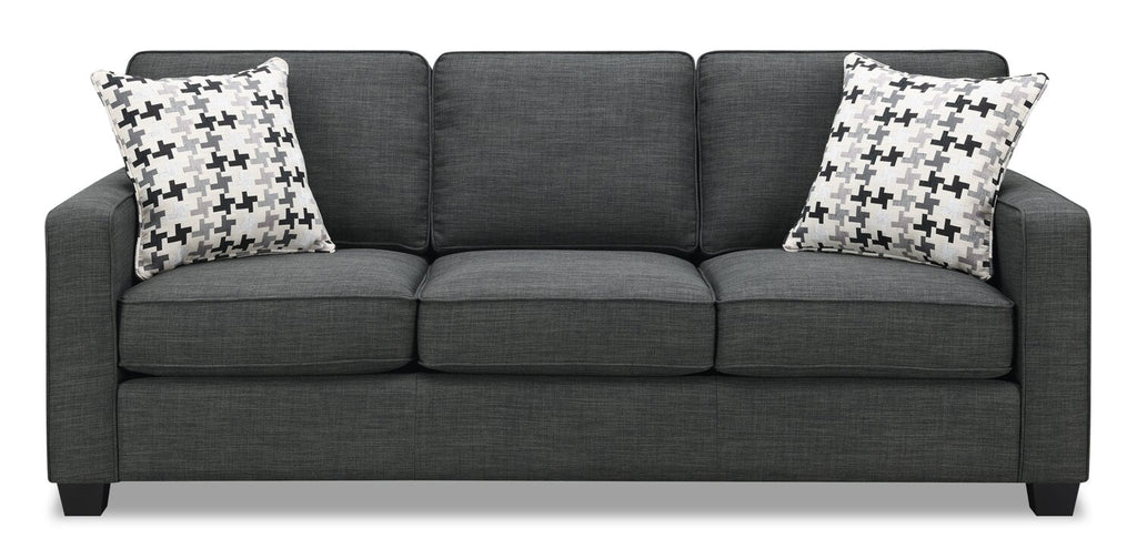 Made in Canada Sawyer 83" Linen-Look Fabric Sofa with Reversible Cushions and Accent Pillows - Charcoal Grey | Sofa Sawyer de 83 po fabriqué au Canada en tissu d’apparence lin avec coussins réversibles et coussins décoratifs - gris anthracite