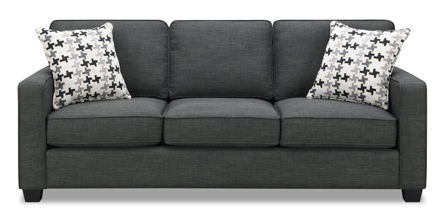 Made in Canada Sawyer 83" Linen-Look Fabric Sofa with Reversible Cushions and Accent Pillows - Charcoal Grey | Sofa Sawyer de 83 po fabriqué au Canada en tissu d’apparence lin avec coussins réversibles et coussins décoratifs - gris anthracite