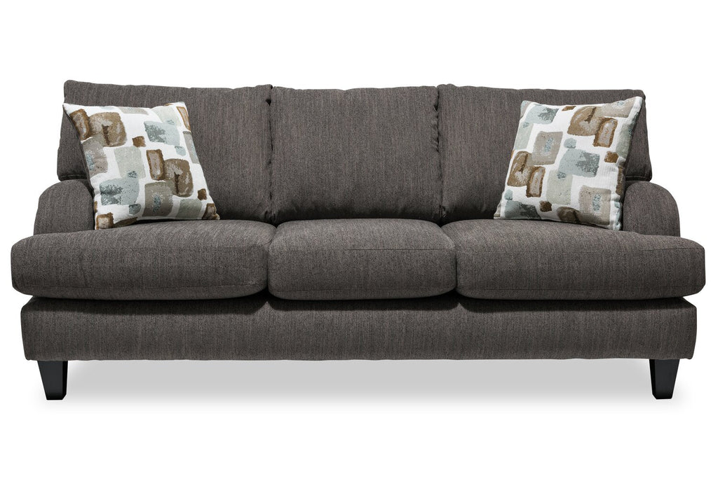 Made in Canada Nofia 80" Chenille Fabric Sofa with Two Accent Pillows and Wood Legs - Charcoal Grey | Sofa Nofia de 80 po fabriqué au Canada en tissu de chenille avec 2 coussins décoratifs et pattes en bois - gris anthracite