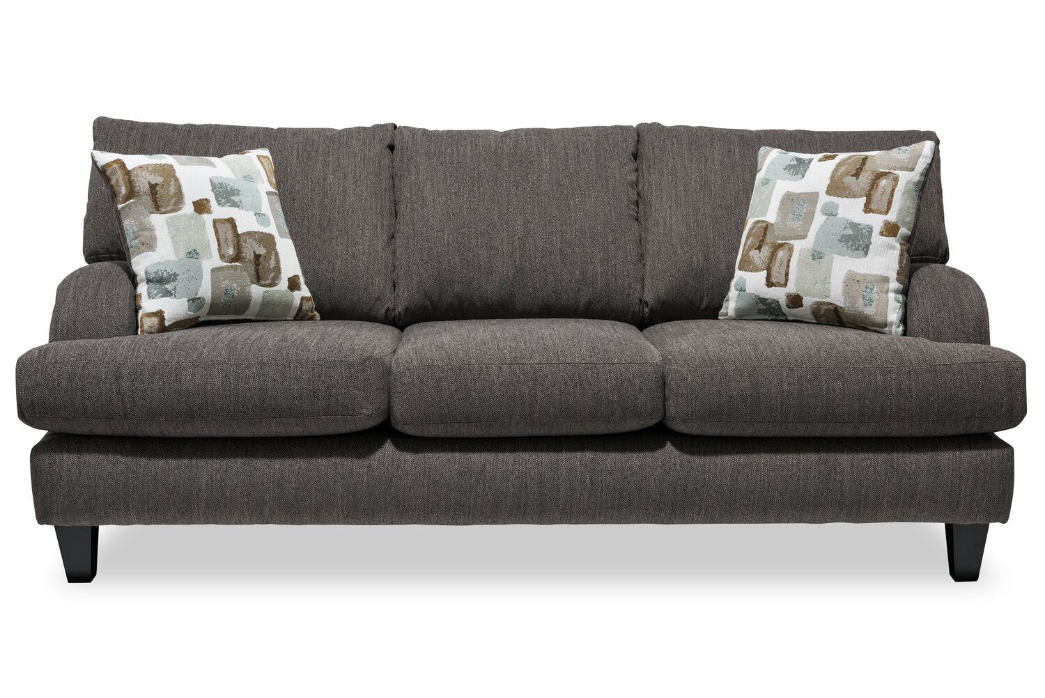 Made in Canada Nofia 80" Chenille Fabric Sofa with Two Accent Pillows and Wood Legs - Charcoal Grey | Sofa Nofia de 80 po fabriqué au Canada en tissu de chenille avec 2 coussins décoratifs et pattes en bois - gris anthracite