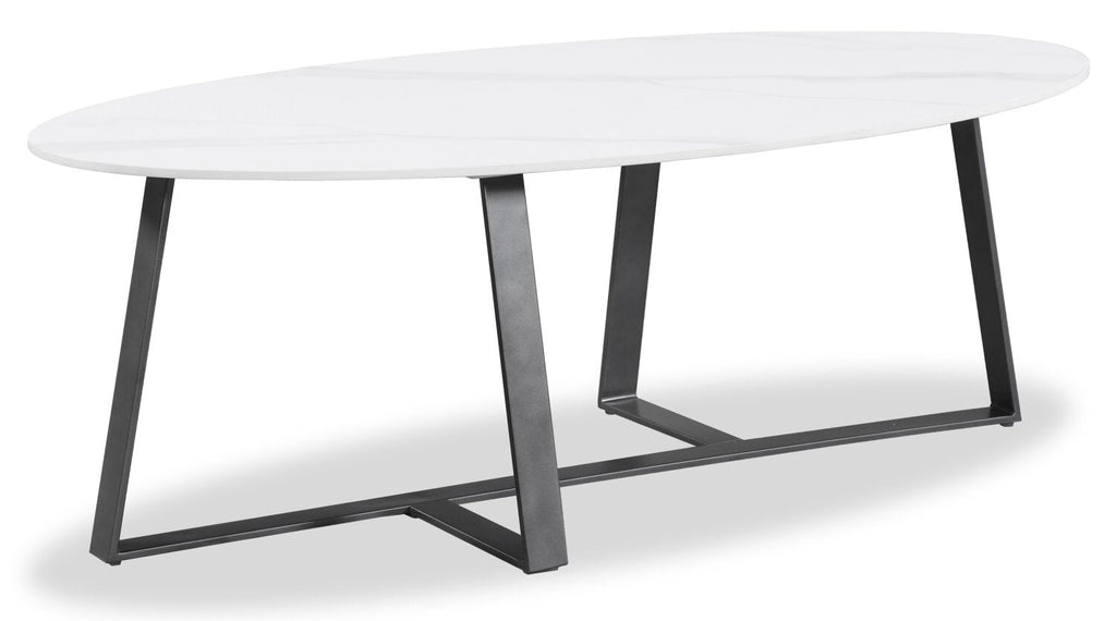 Kort & Co. Nico 51" Modern Oval Coffee Table - White Sinetered Stone with Dark Grey Metal Legs|Table à café ovale moderne Nico de Kort & Co. de 51 po - pierre frittée blanche avec pattes en métal gris foncé
