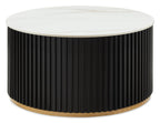 Kort & Co. Capri 32” Modern Round Coffee Table with White Sintered Stone Top and Casters - Black and Gold | Table à café ronde moderne Capri de Kort & Co. de 32 po avec dessus en pierre frittée blanche et roulettes - noire et dorée