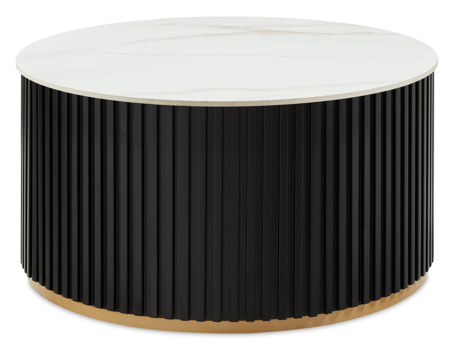Kort & Co. Capri 32” Modern Round Coffee Table with White Sintered Stone Top and Casters - Black and Gold | Table à café ronde moderne Capri de Kort & Co. de 32 po avec dessus en pierre frittée blanche et roulettes - noire et dorée