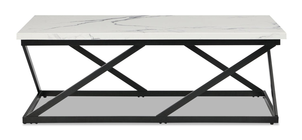 Verona 47.25" Modern Coffee Table - White Marble Look with Black Metal Base|Table à café moderne Verona de 47,25 po - imitation de marbre blanc avec base en métal noir