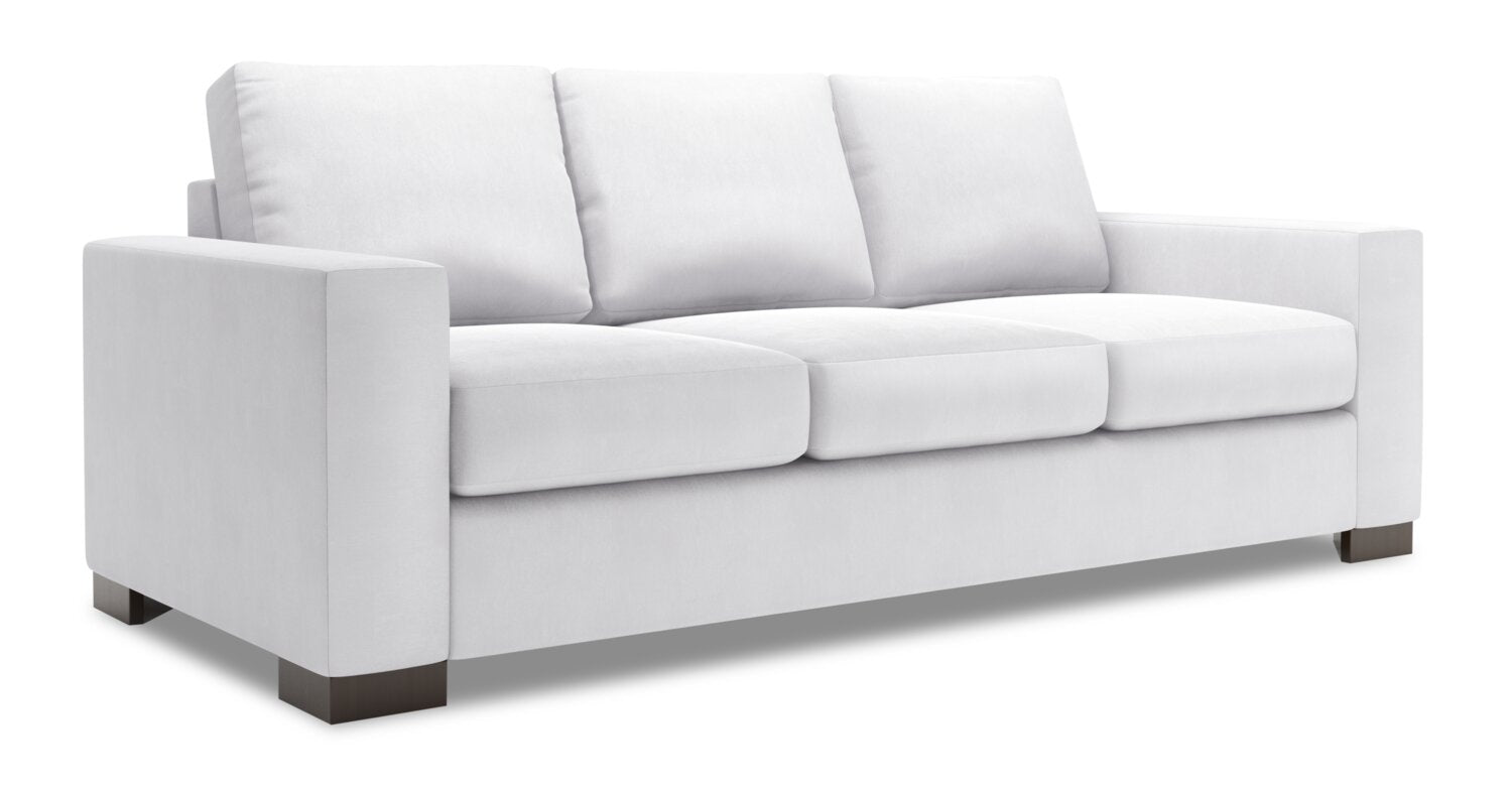 Made in Canada Customizable Sofa Lab Track 85" Linen-Look Fabric Sofa with Track Arms - Pax Ice White | Sofa Track de Sofa Lab de 85 po fabriqué au Canada en tissu d’apparence lin avec accoudoirs rectilignes - blanc Pax Ice | TR103449