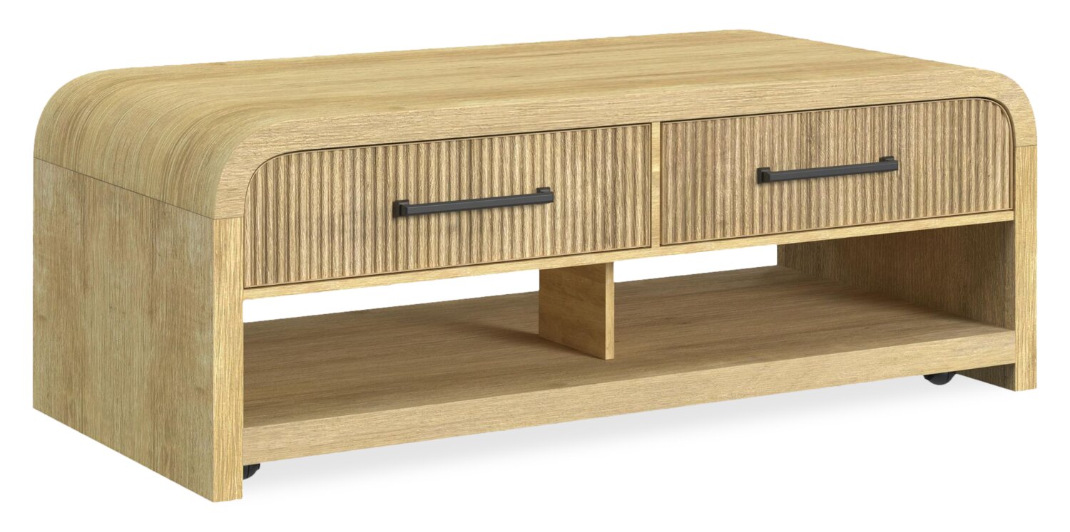 Lenore 48” Modern Coffee Table with Storage, Shelf and Casters - Natural | Table à café moderne Lenore de 48 po avec rangement, tablette et roulettes - naturelle