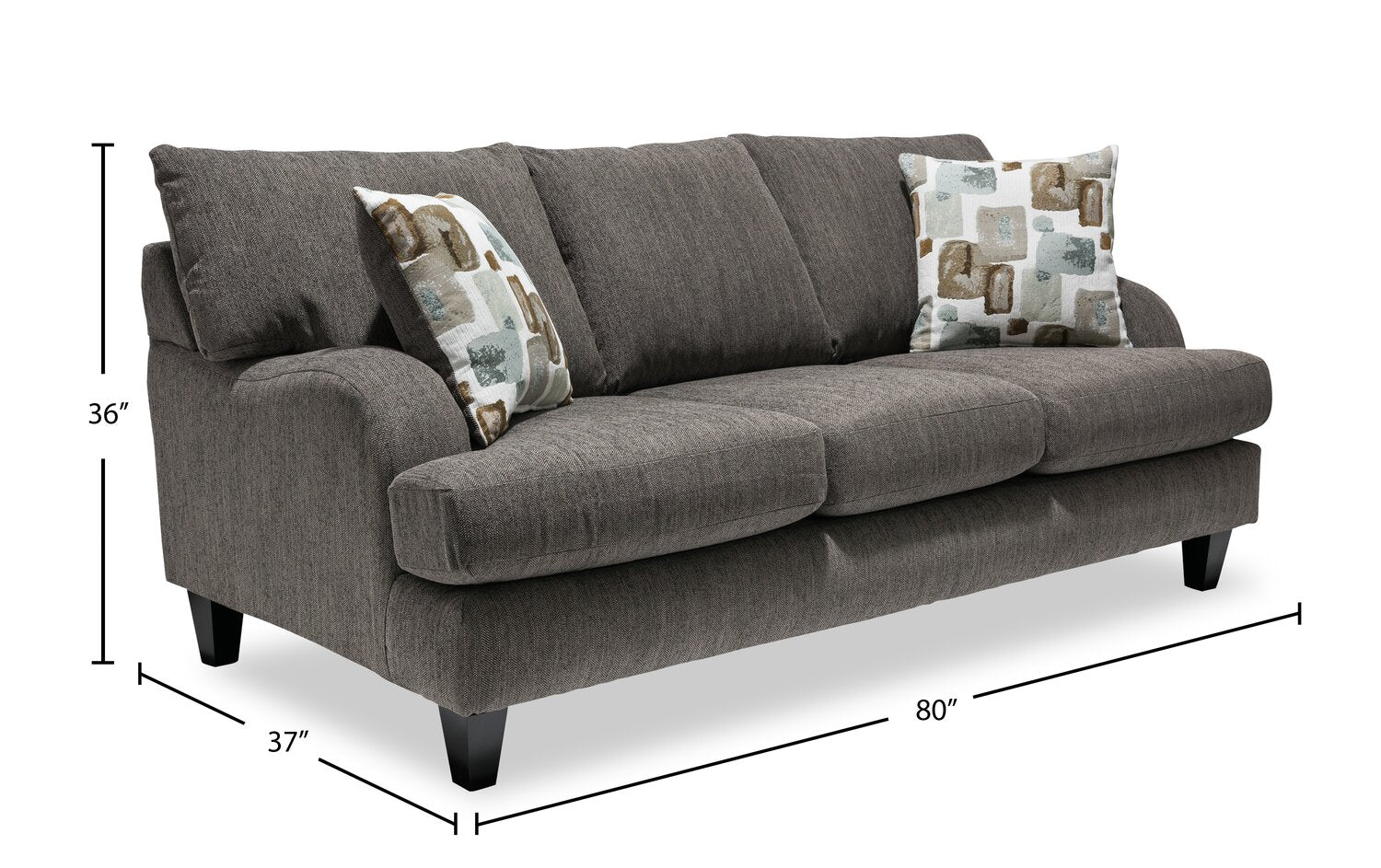 Made in Canada Nofia 80" Chenille Fabric Sofa with Two Accent Pillows and Wood Legs - Charcoal Grey | Sofa Nofia de 80 po fabriqué au Canada en tissu de chenille avec 2 coussins décoratifs et pattes en bois - gris anthracite