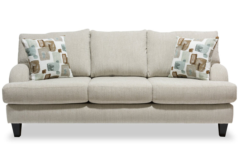 Made in Canada Nofia 80" Chenille Fabric Sofa with Two Accent Pillows and Wood Legs - Linen Beige | Sofa Nofia de 80 po fabriqué au Canada en tissu de chenille avec 2 coussins décoratifs et pattes en bois - beige lin