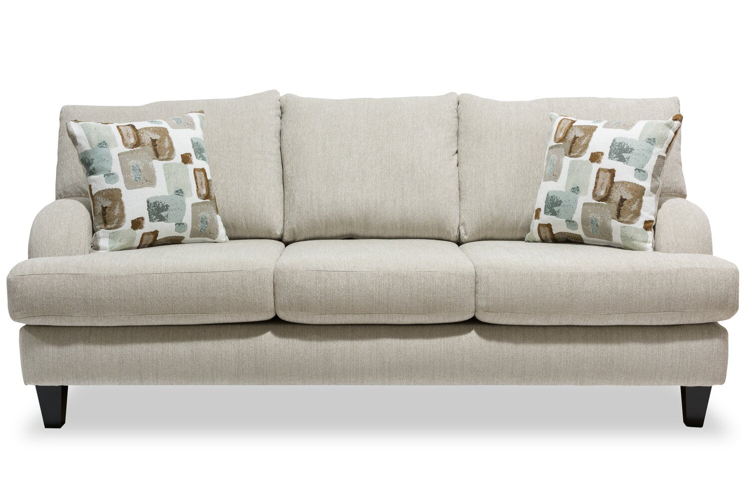Made in Canada Nofia 80" Chenille Fabric Sofa with Two Accent Pillows and Wood Legs - Linen Beige | Sofa Nofia de 80 po fabriqué au Canada en tissu de chenille avec 2 coussins décoratifs et pattes en bois - beige lin