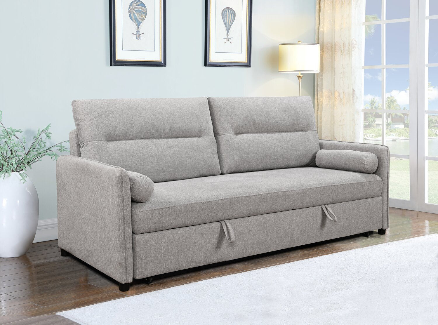 Shadow 82.5" Linen-Look Fabric Sleeper Sofa with Storage and Two Armrest Pillows - Grey | Sofa-lit Shadow de 82,5 po en tissu d’apparence lin avec rangement et deux accoudoirs coussinés - gris