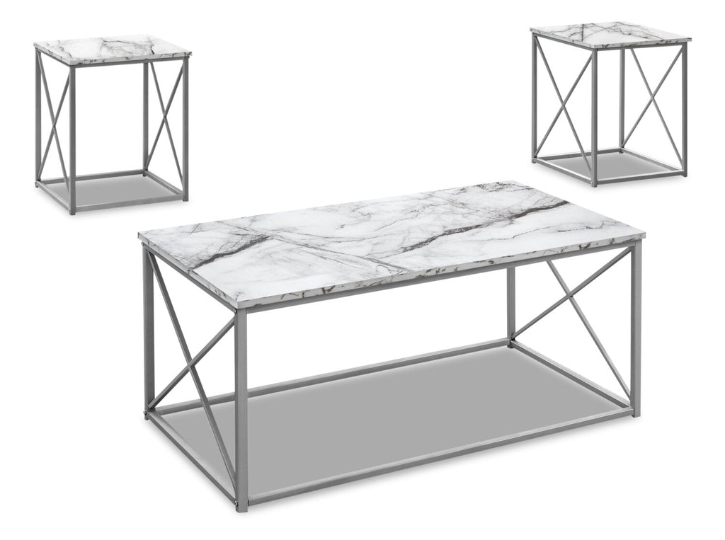 Kasey 42.25" Modern 3-Pack Coffee + 2 End Tables - White Marble Look with Grey Metal Base|Ensemble 3 tables modernes Kasey de 42,25 po (table à café et 2 tables de bout) - imitation de marbre blanc avec base en métal gris