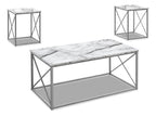 Kasey 42.25" Modern 3-Pack Coffee + 2 End Tables - White Marble Look with Grey Metal Base|Ensemble 3 tables modernes Kasey de 42,25 po (table à café et 2 tables de bout) - imitation de marbre blanc avec base en métal gris