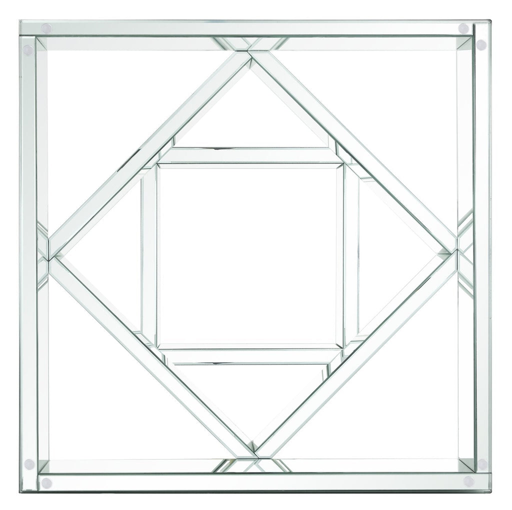 Rosie 39" Glam Mirror & Glass Top Coffee Table - Silver Metal with Diamond Look Legs|Table à café somptueuse Rosie de 39 po avec dessus en miroir et en verre - métal argenté avec pattes à apparence de diamant