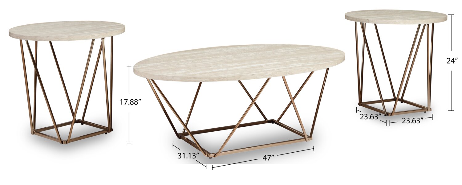 Tarica 47" Modern Oval 3-Pack Coffee + 2 End Tables - Cream and Gold with Metal Legs|Ensemble 3 tables ovales modernes Tarica de 47 po (table à café et 2 tables de bout) - crème et doré avec pattes en métal